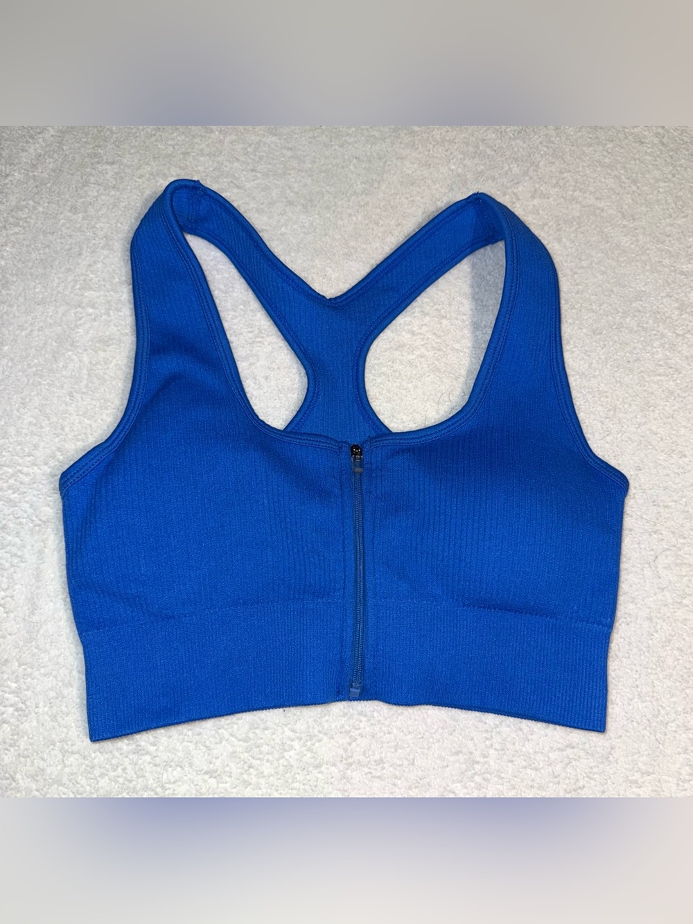 Alo Yoga Seamless Ribbed Zip Front Racerback Sports Bra, Blue, Size S